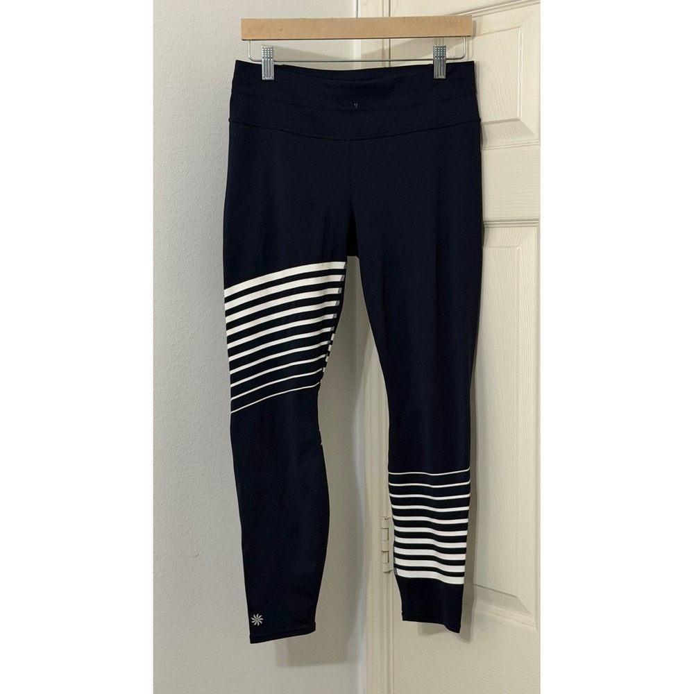 Athleta Womens sz M Navy Blue White Striped Performance Leggings athleisure